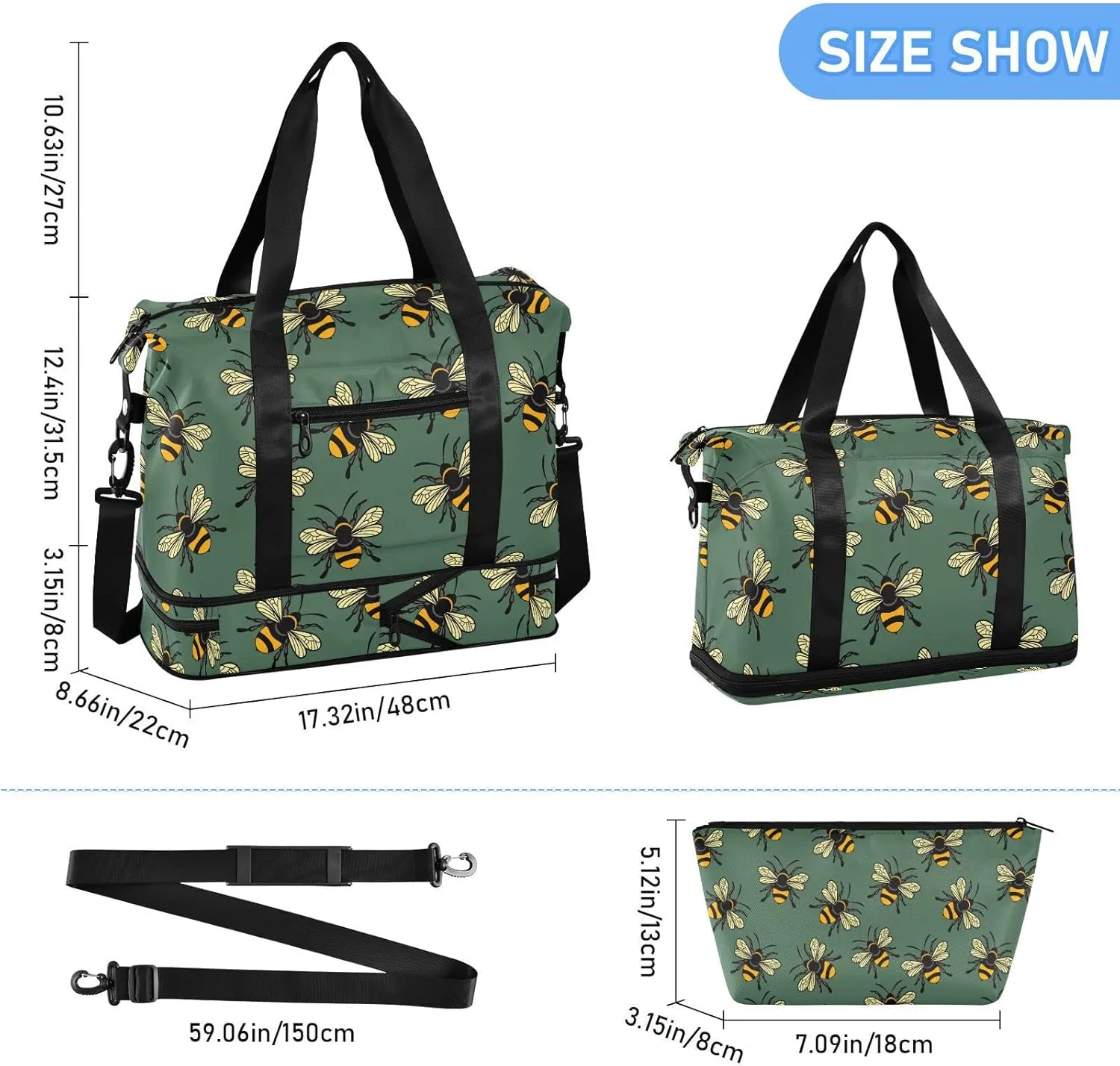 ALAZA Cute Bee Gym Bag Sports Duffel Bag with Shoes Compartment, Overnight Weekender Travel Tote Bag for Women Men Trip College