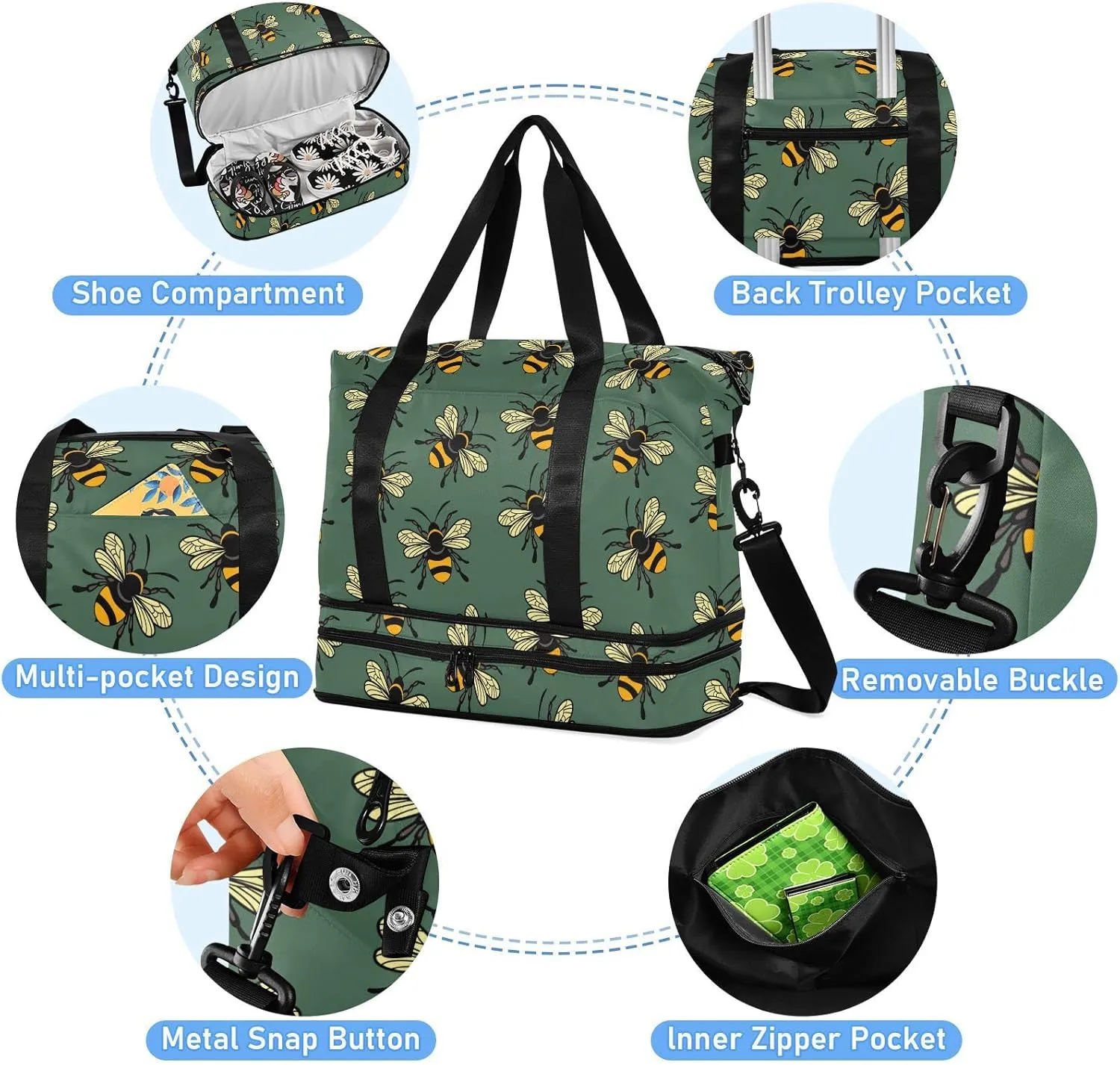 ALAZA Cute Bee Gym Bag Sports Duffel Bag with Shoes Compartment, Overnight Weekender Travel Tote Bag for Women Men Trip College