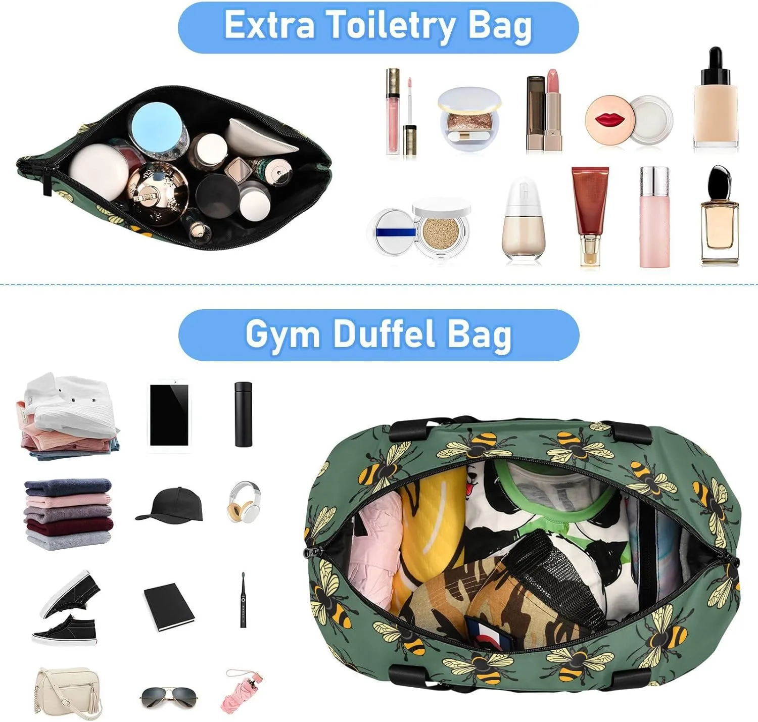 ALAZA Cute Bee Gym Bag Sports Duffel Bag with Shoes Compartment, Overnight Weekender Travel Tote Bag for Women Men Trip College
