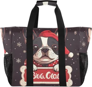 ALAZA Merry Christmas Cute French Bulldog Bone Christmas Hat Waterproof Beach Tote Bags