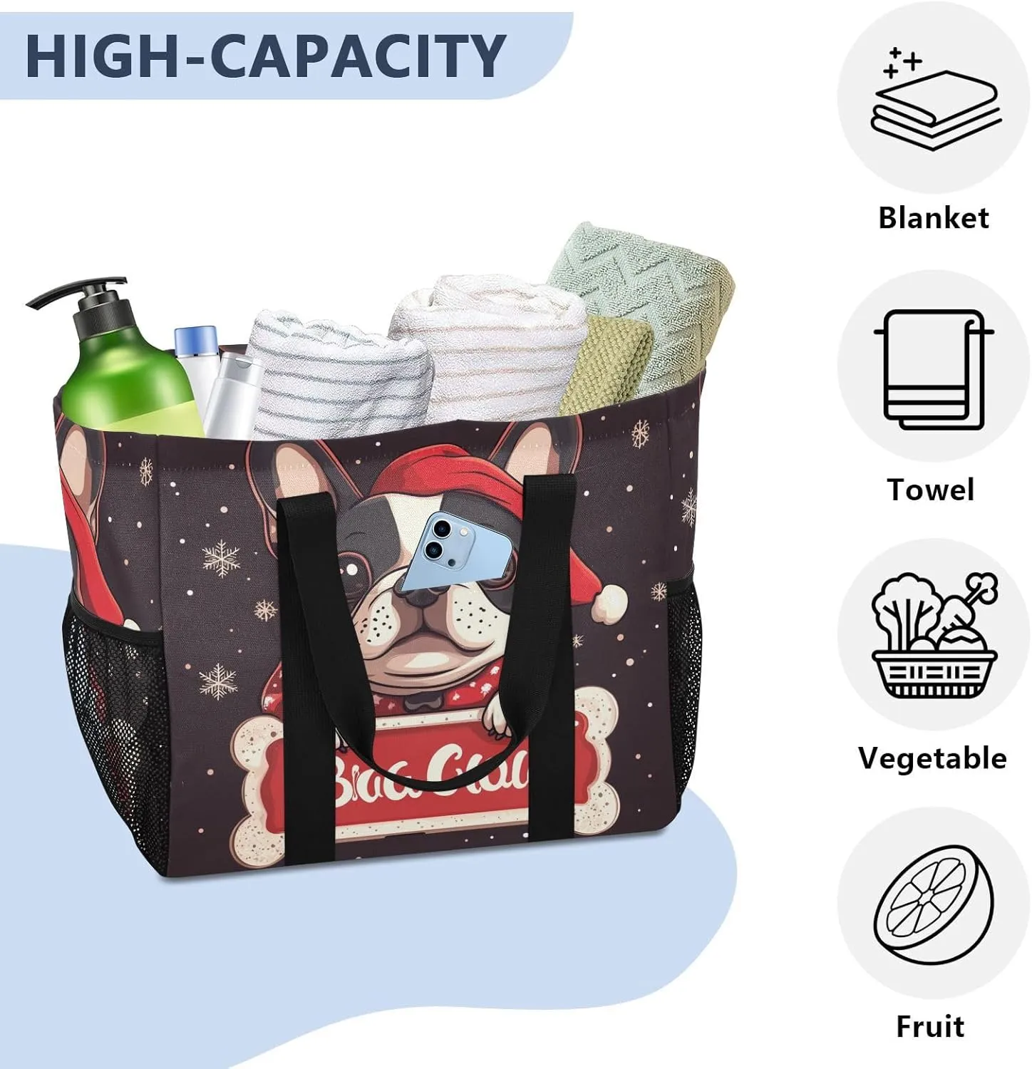 ALAZA Merry Christmas Cute French Bulldog Bone Christmas Hat Waterproof Beach Tote Bags