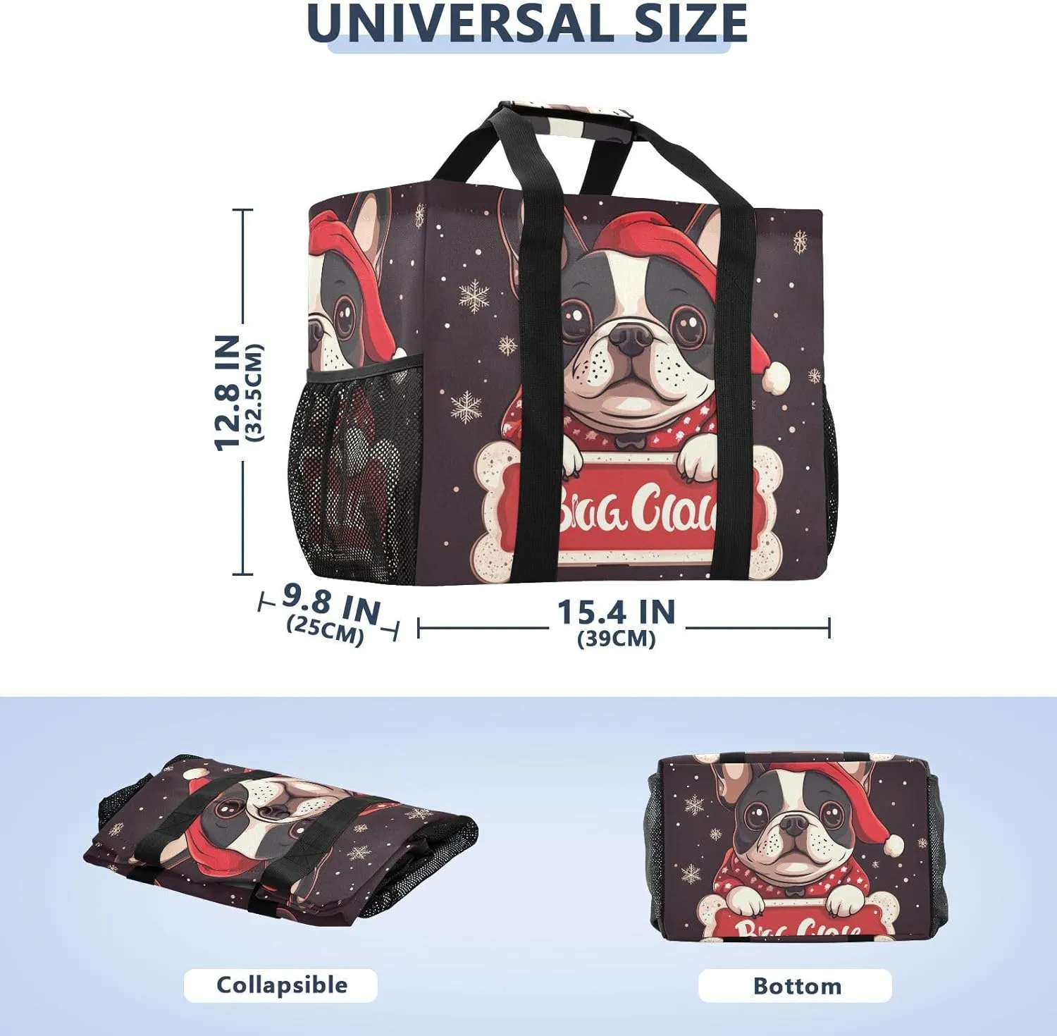 ALAZA Merry Christmas Cute French Bulldog Bone Christmas Hat Waterproof Beach Tote Bags