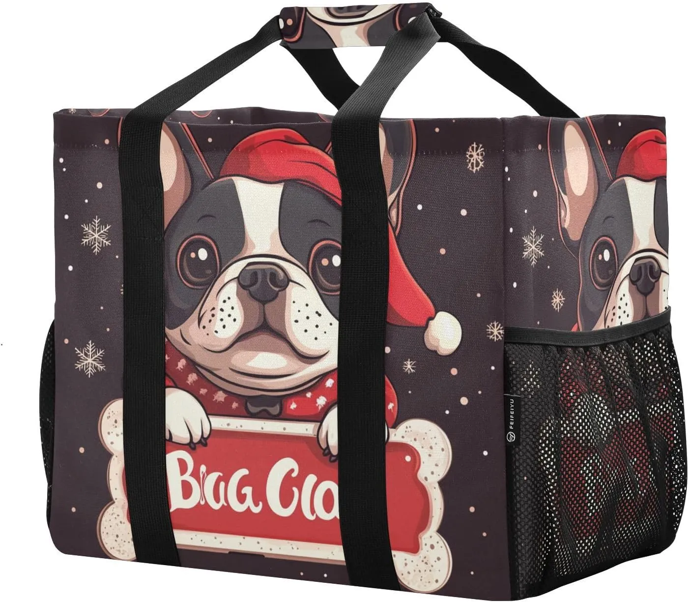 ALAZA Merry Christmas Cute French Bulldog Bone Christmas Hat Waterproof Beach Tote Bags