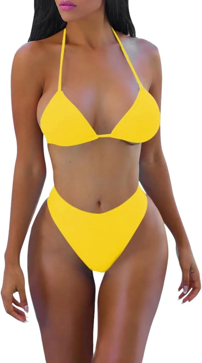 ALBIZIA Women's Triangle High Waist Bikini Set Swimsuit with Mesh Cover up High Cut Swimwear