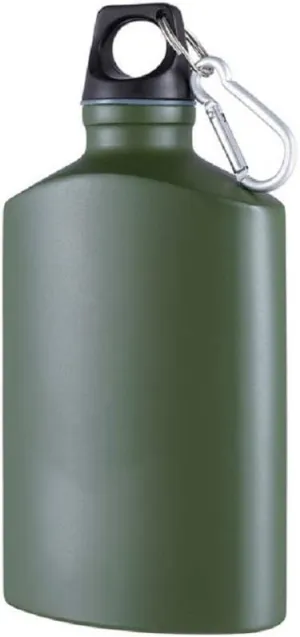 Aluminum Flat Military Canteen Water Bottle - for Travel Camping Hiking Outdoor Recreation with Hook Portable BPA Free 18oz Green