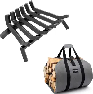Amagabeli 17 Inch Fireplace Grate Bundle Firewood Carrier Log Tote Bag