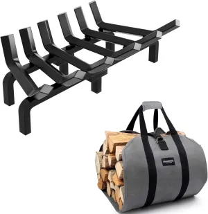 Amagabeli 24 Inch Fireplace Grate Bundle Firewood Carrier Log Tote Bag