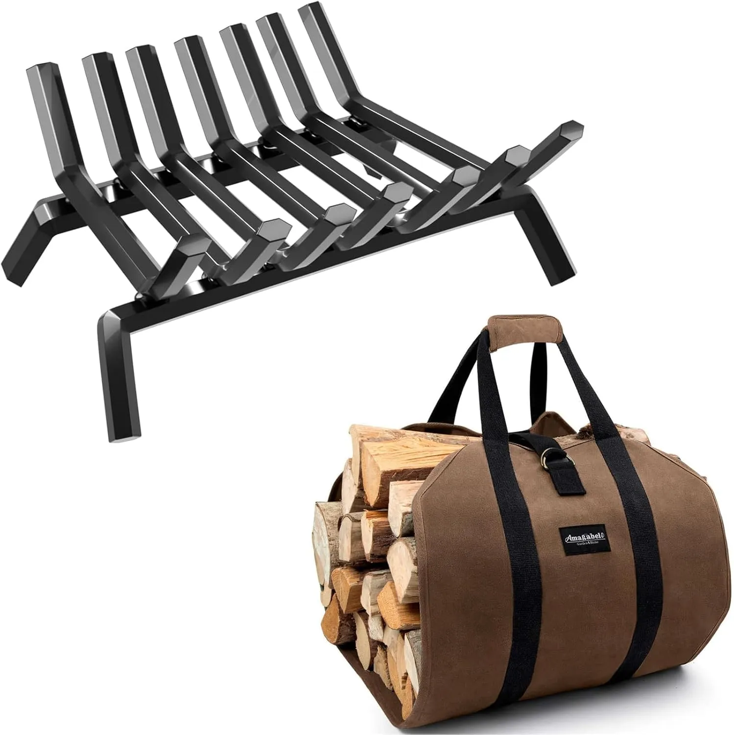 Amagabeli 30 Inch Fireplace Grate Bundle Firewood Carrier Log tote Bag