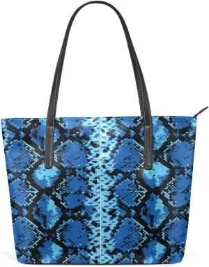 Animal Print Top Handle Bag for Women Snake Skin Gorgeous Blue Vegan Leather Lady Purse Shoulder Bag Travel Satchel Weekender Handbag