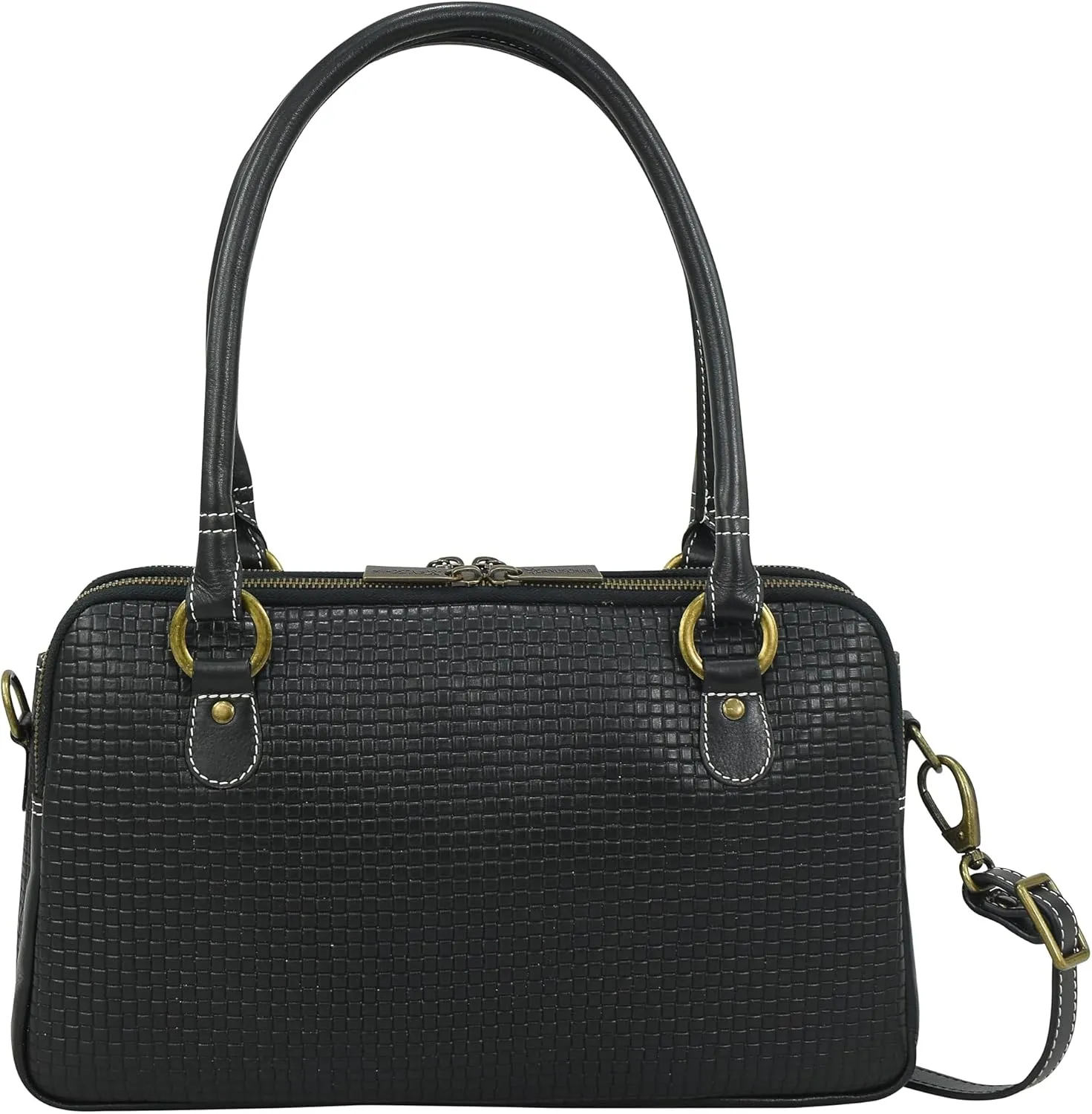 Anna by Anuschka Heritage Collection Women's Genuine Leather Multi-Compartment Satchel - Basket Embossed Black