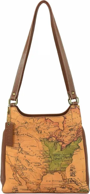 Anna by Anuschka Heritage Collection Women's Genuine Leather Triple Compartment Satchel - USA Map Tan