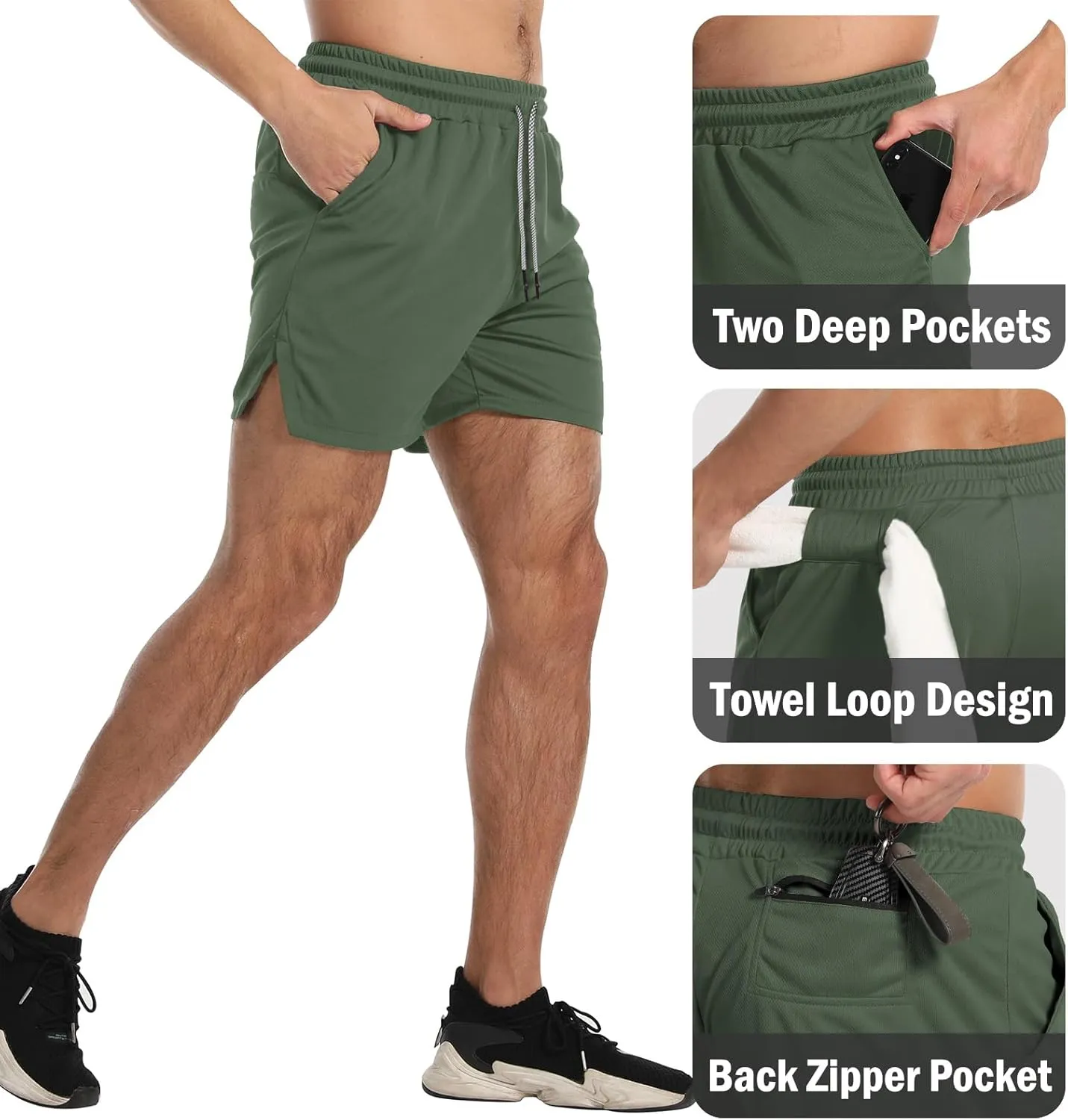 Aolesy Men's Gym Workout Shorts 5" Lightweight Bodybuilding Athletic Shorts Running Training with Zip Pockets & Towel Loop