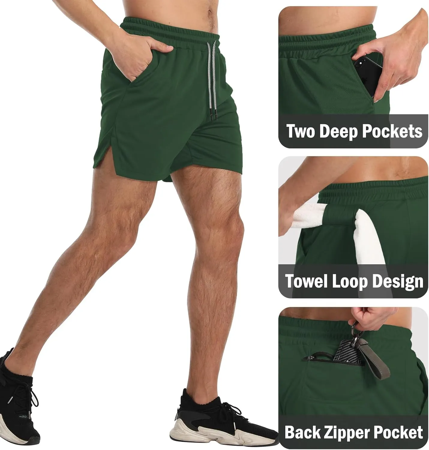 Aolesy Men's Gym Workout Shorts 5" Lightweight Bodybuilding Athletic Shorts Running Training with Zip Pockets & Towel Loop