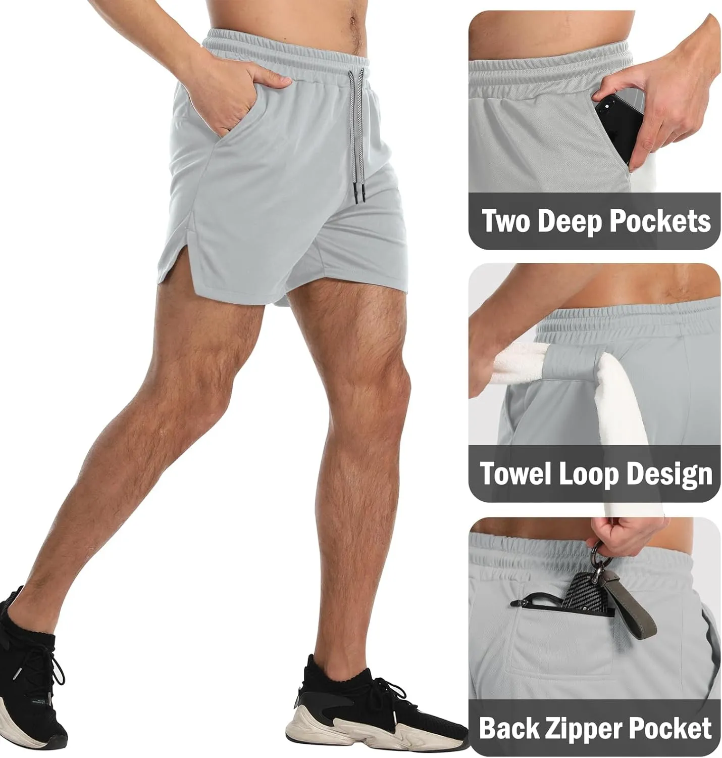 Aolesy Men's Gym Workout Shorts 5" Lightweight Bodybuilding Athletic Shorts Running Training with Zip Pockets & Towel Loop