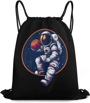 Astronaut Slam Dunk Basketball Space Drawstring Backpack Lightweight String Bag Sports Gym Bag Sackpack for Men Women