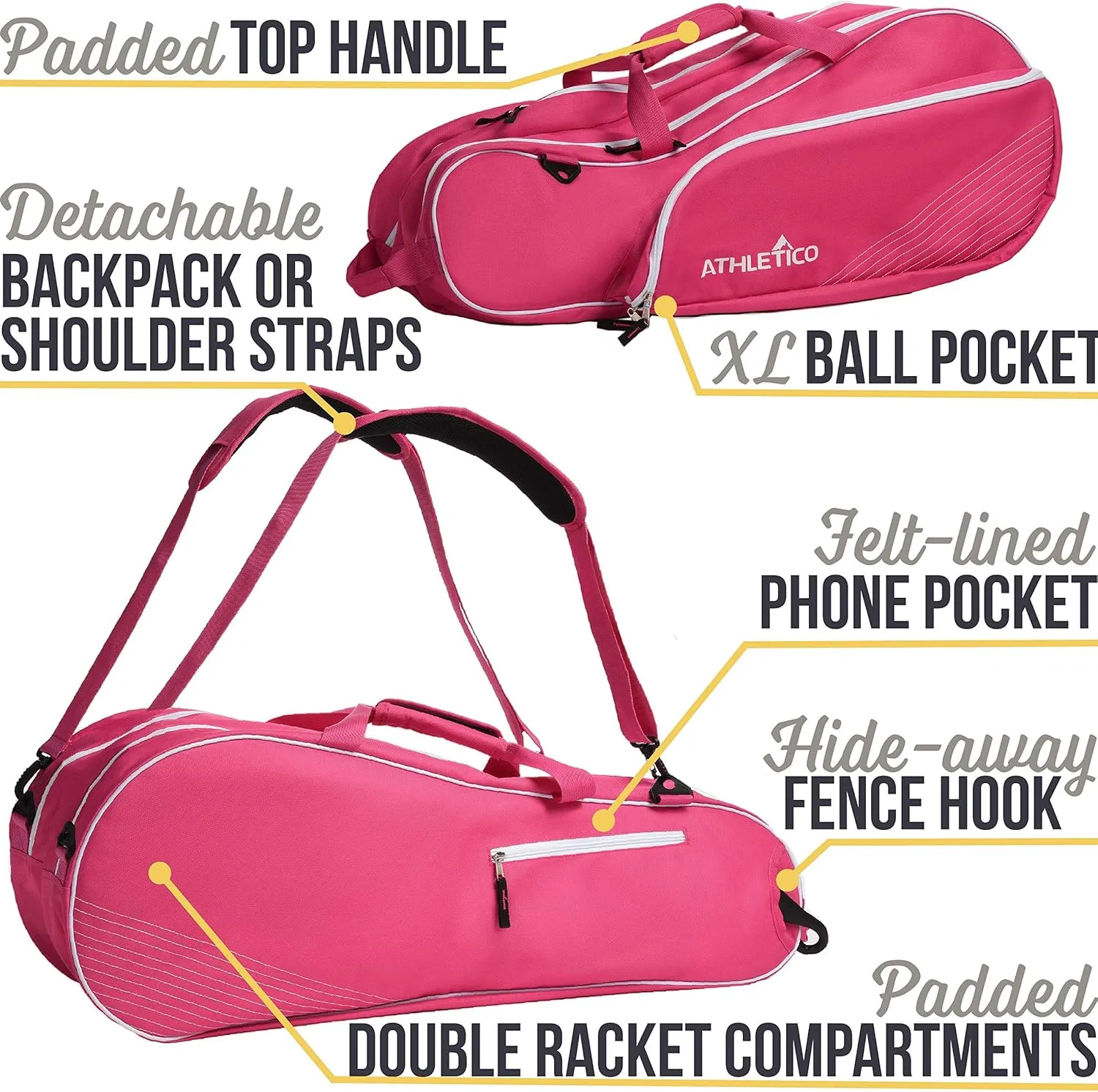 Athletico 6 Racquet Tennis Bag | Padded to Protect Rackets & Lightweight | Professional or Beginner Tennis Players | Unisex Design for Men, Women, Youth and Adults