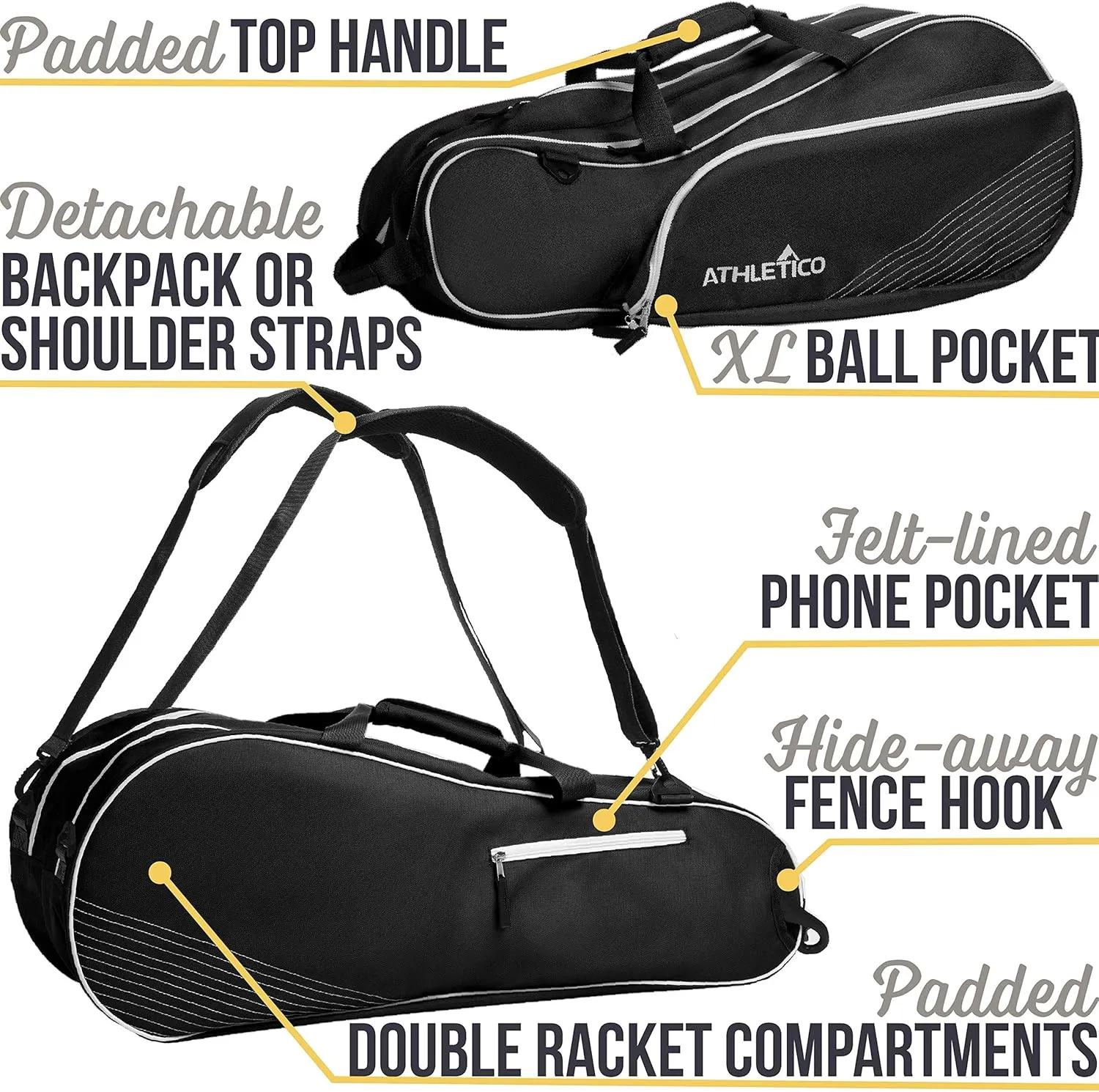 Athletico 6 Racquet Tennis Bag | Padded to Protect Rackets & Lightweight | Professional or Beginner Tennis Players | Unisex Design for Men, Women, Youth and Adults