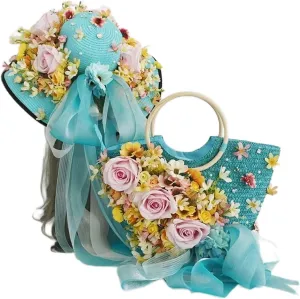 Bag Rattan Basket Bag Women's Vacation Beach Bag Handmade Flower Ribbon with Sun Hat