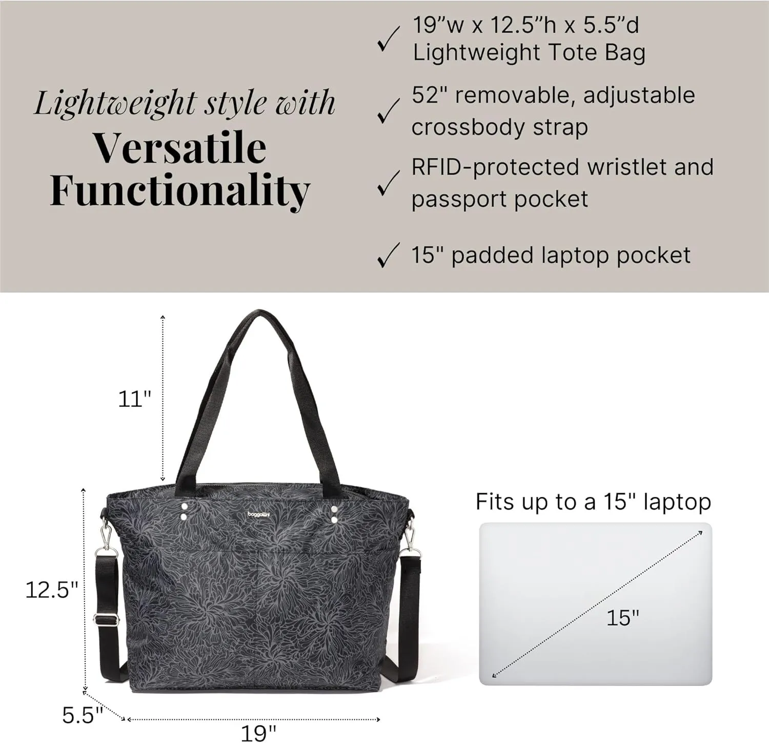 Baggallini Carryall Laptop Tote-Medium 12x19 Inch Travel Crossbody Shoulder Bag