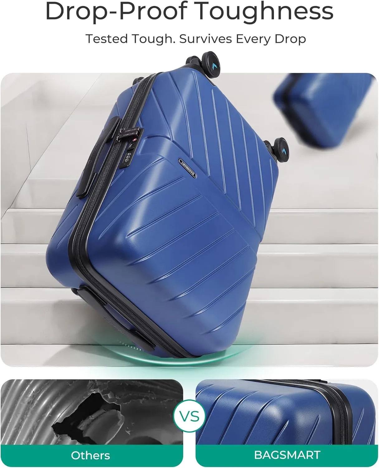 BAGSMART Carry On Luggage 22x14x9 Airline Approved, 1OO% PC Lightweight Carry On Hardside Suitcase, 20 Inch Hard Shell Luggage with Spinner Wheels, Waterproof Rolling Suitcase, Blue