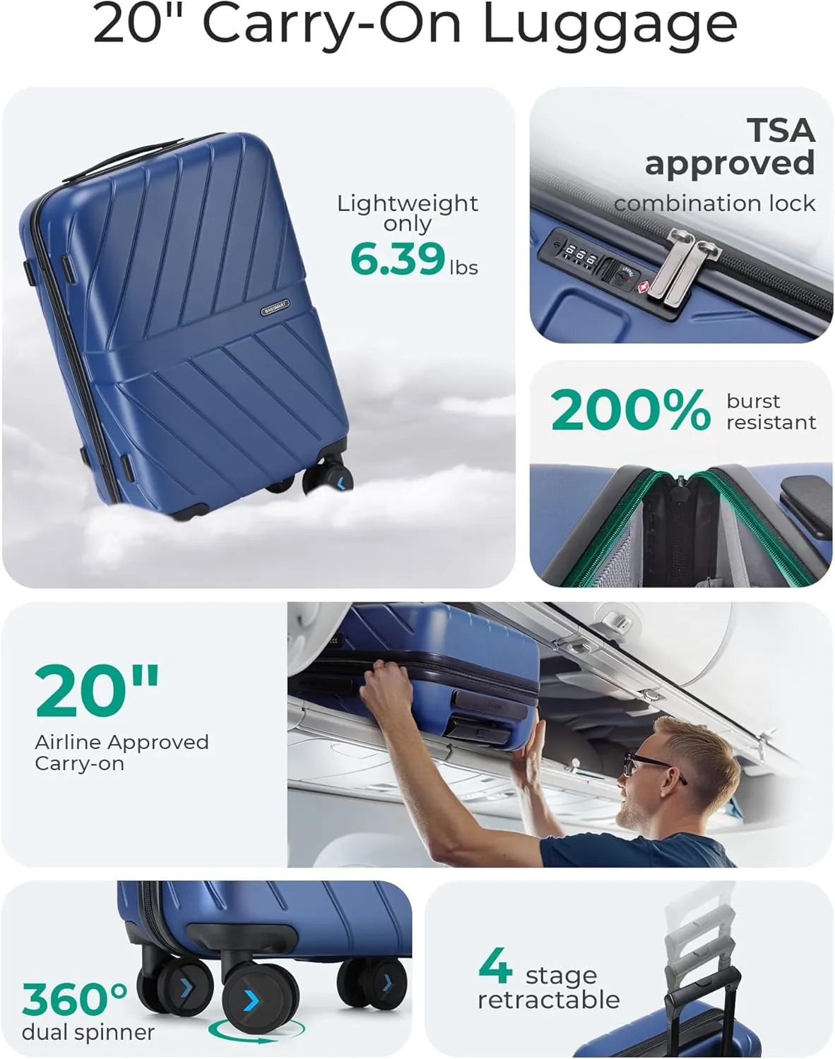 BAGSMART Carry On Luggage 22x14x9 Airline Approved, 1OO% PC Lightweight Carry On Hardside Suitcase, 20 Inch Hard Shell Luggage with Spinner Wheels, Waterproof Rolling Suitcase, Blue