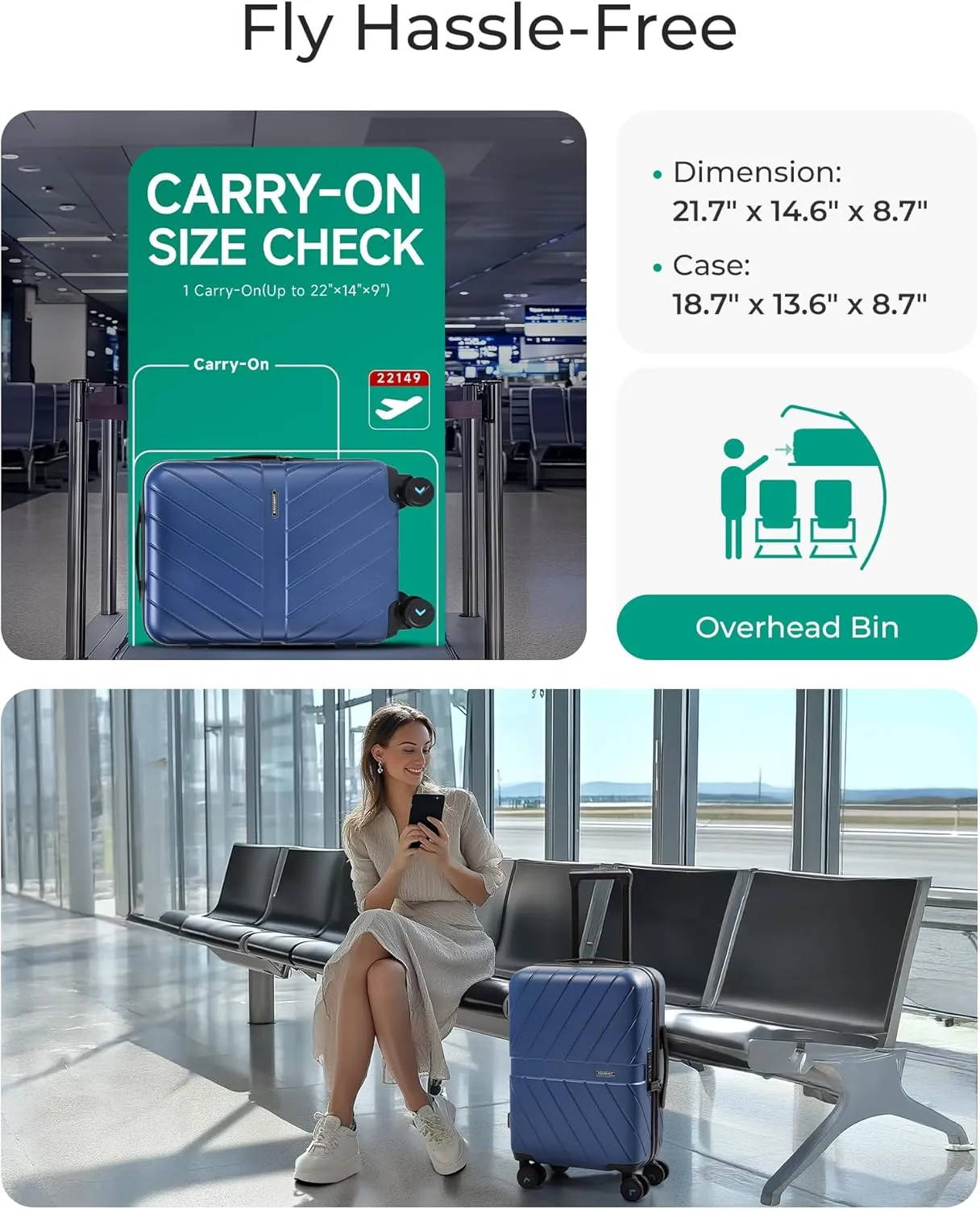 BAGSMART Carry On Luggage 22x14x9 Airline Approved, 1OO% PC Lightweight Carry On Hardside Suitcase, 20 Inch Hard Shell Luggage with Spinner Wheels, Waterproof Rolling Suitcase, Blue