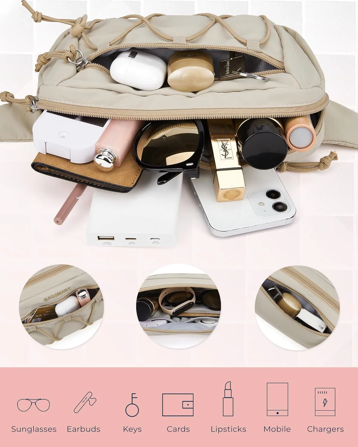 BAGSMART Fanny Packs for Women Small Belt Bag with Adjustable Strap Waist Pack for Running Workout Traveling Hiking, Beige