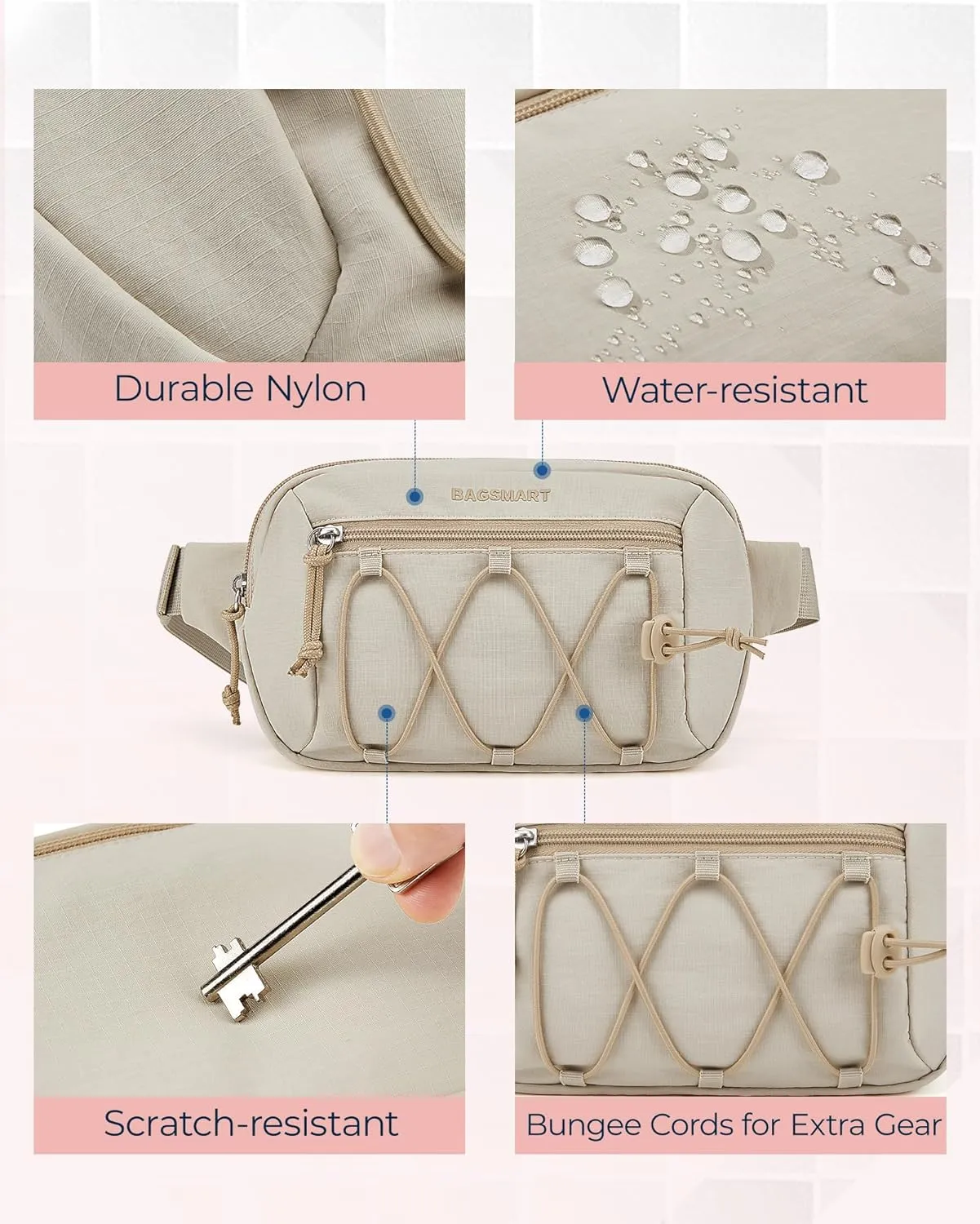 BAGSMART Fanny Packs for Women Small Belt Bag with Adjustable Strap Waist Pack for Running Workout Traveling Hiking, Beige