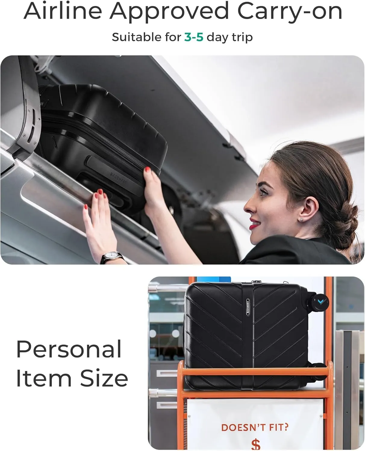 BAGSMART Underseat Carry On luggage Airline approved, 16-inch Hardsiade Underseater Travel Suitcase with Spinner Wheels Lightweight Overnight Bag Small Rolling Carry-on for Women Men Weekender,Black