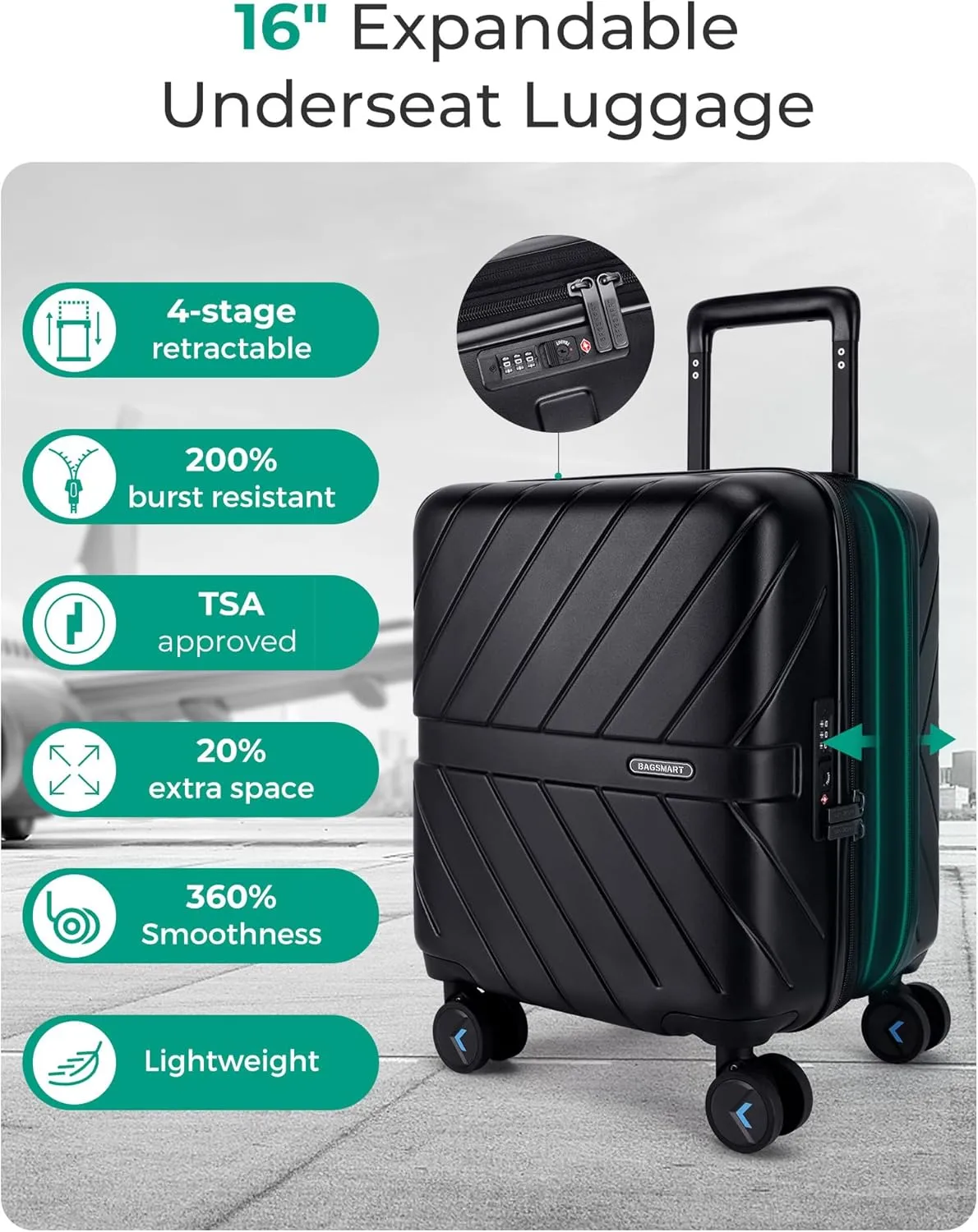BAGSMART Underseat Carry On luggage Airline approved, 16-inch Hardsiade Underseater Travel Suitcase with Spinner Wheels Lightweight Overnight Bag Small Rolling Carry-on for Women Men Weekender,Black