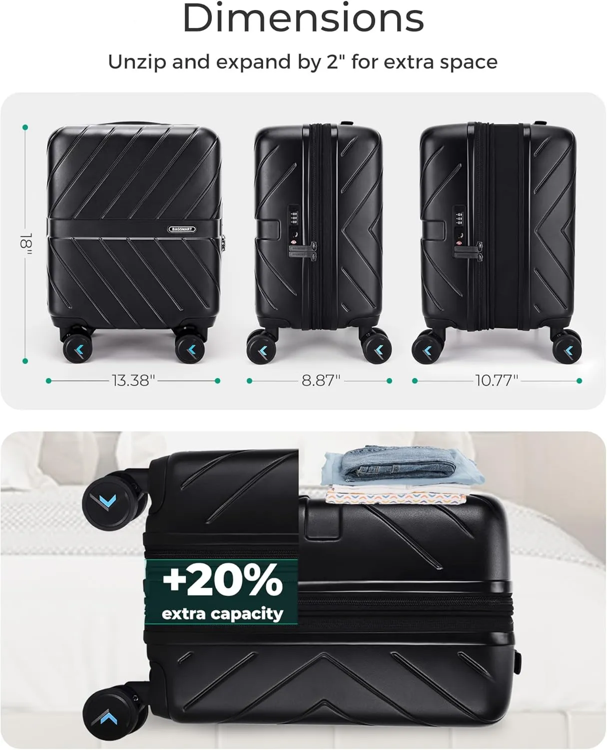 BAGSMART Underseat Carry On luggage Airline approved, 16-inch Hardsiade Underseater Travel Suitcase with Spinner Wheels Lightweight Overnight Bag Small Rolling Carry-on for Women Men Weekender,Black