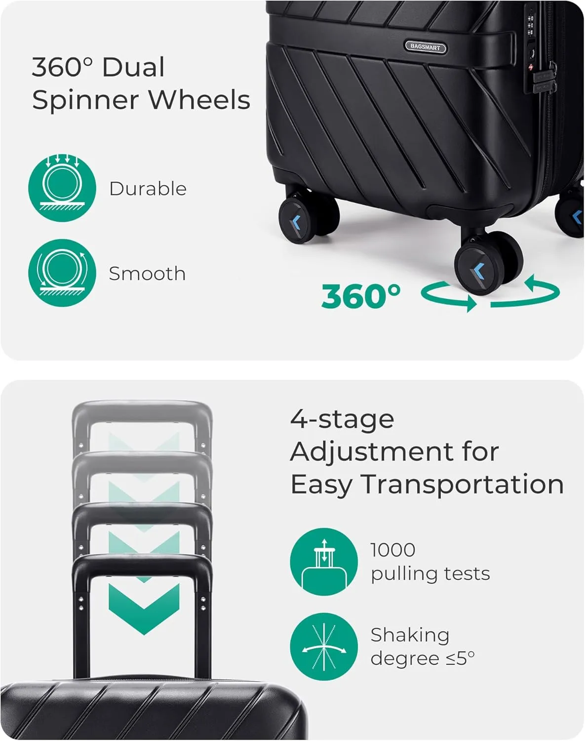 BAGSMART Underseat Carry On luggage Airline approved, 16-inch Hardsiade Underseater Travel Suitcase with Spinner Wheels Lightweight Overnight Bag Small Rolling Carry-on for Women Men Weekender,Black