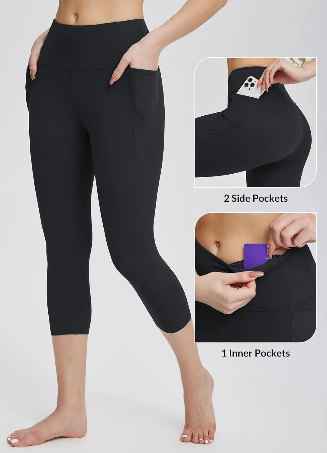 baleaf Women's Capri Leggings with Pockets High Waisted Workout Yoga Running Gym Pants for Casual Summer