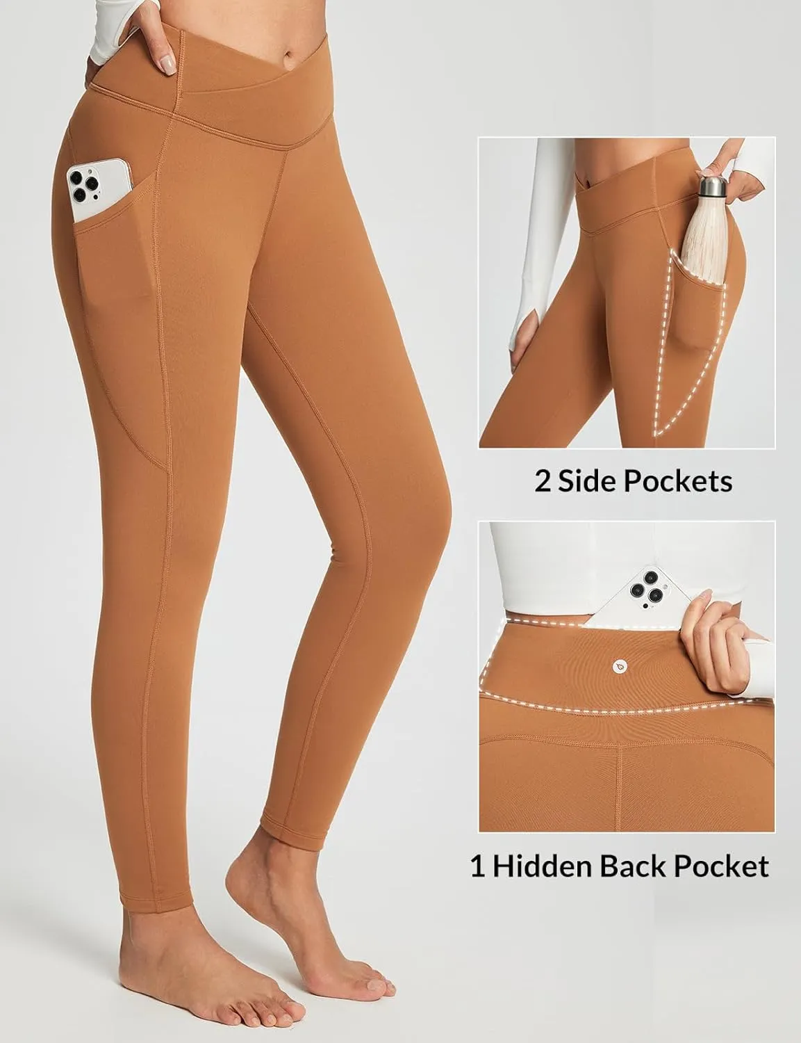 baleaf Women's Crossover Fleece Lined Leggings with Pockets Thermal Warm Winter Tights Crossover High Waisted Yoga Pants