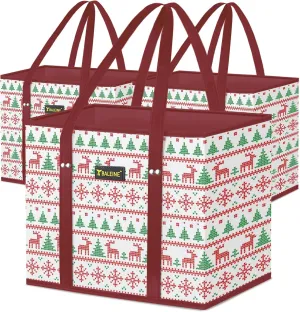 BALEINE 3Pk Reusable Grocery Bags, Foldable Shopping Bags for Groceries with Reinforced Bottom & Handles (Reindeers)