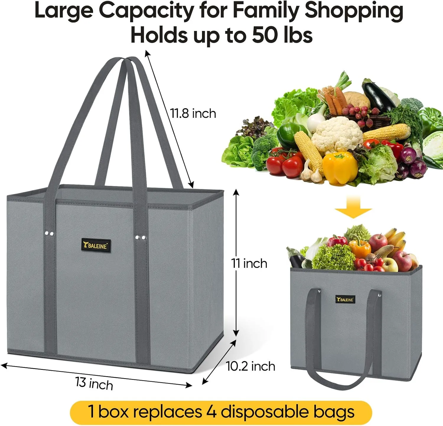 BALEINE 3Pk Reusable Grocery Bags, Foldable Shopping Bags for Groceries with Reinforced Bottom & Handles (Reindeers)