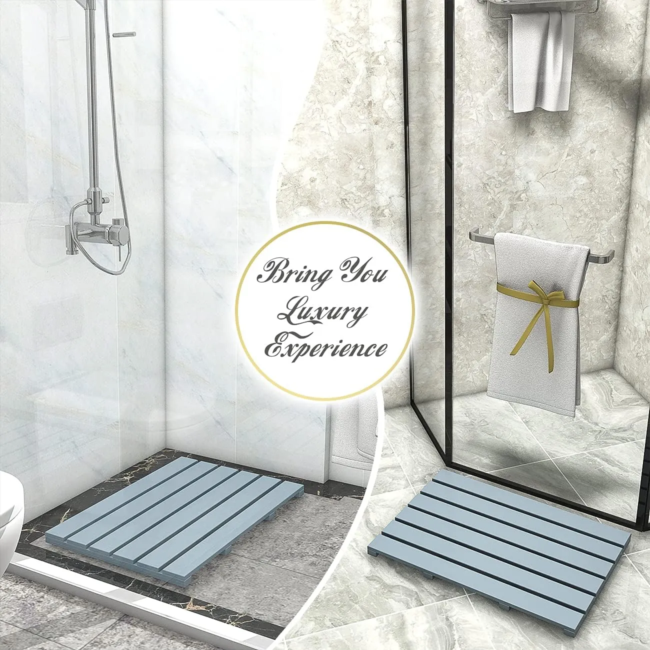 Bamboo Wooden Bath Floor Mat for Luxury Shower - Non-Slip Bathroom Waterproof Carpet for Indoor or Outdoor Use (Bluish Grey)