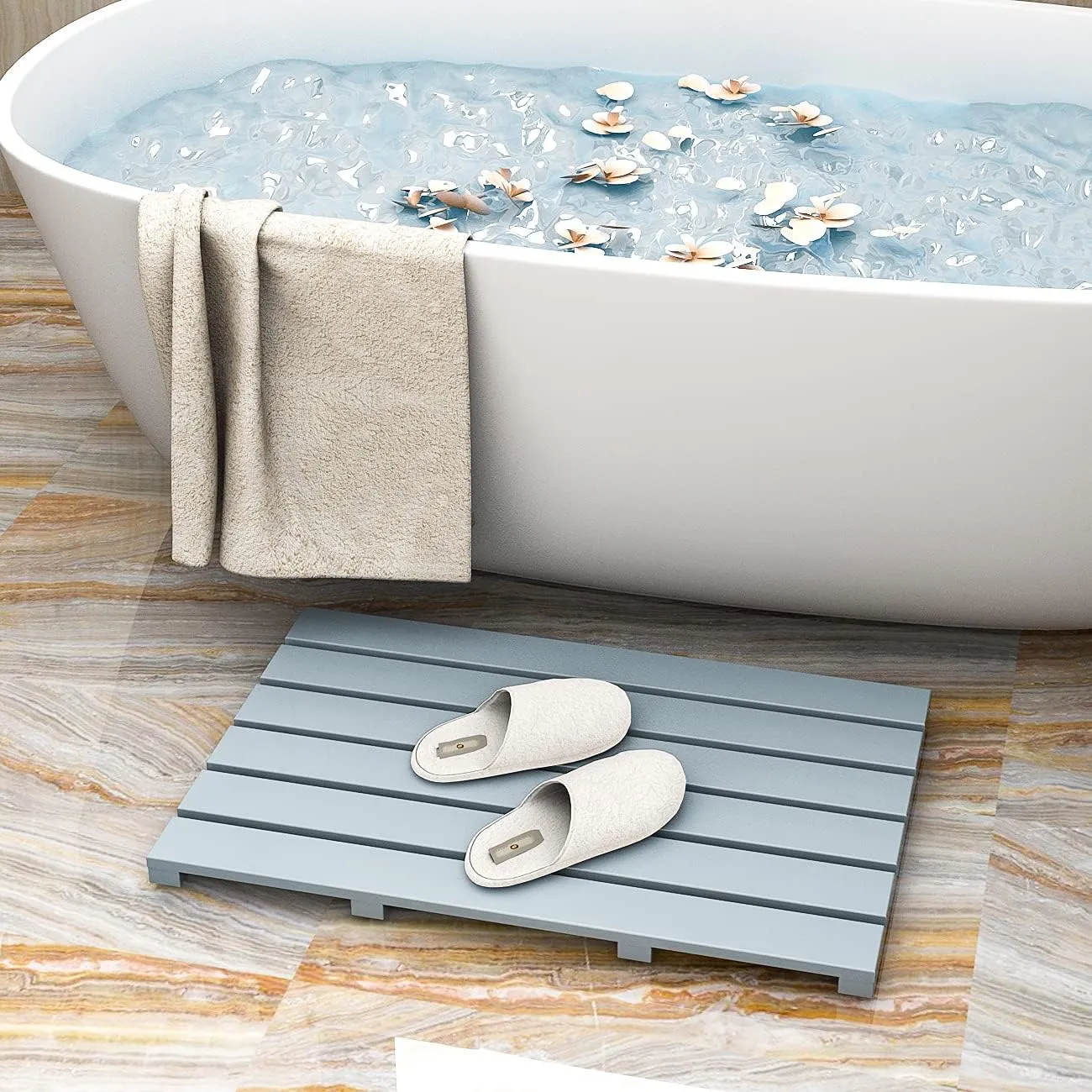 Bamboo Wooden Bath Floor Mat for Luxury Shower - Non-Slip Bathroom Waterproof Carpet for Indoor or Outdoor Use (Bluish Grey)