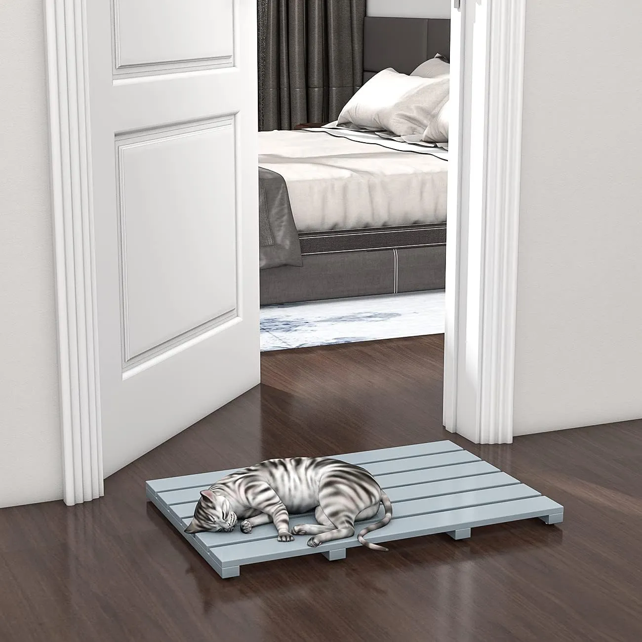 Bamboo Wooden Bath Floor Mat for Luxury Shower - Non-Slip Bathroom Waterproof Carpet for Indoor or Outdoor Use (Bluish Grey)