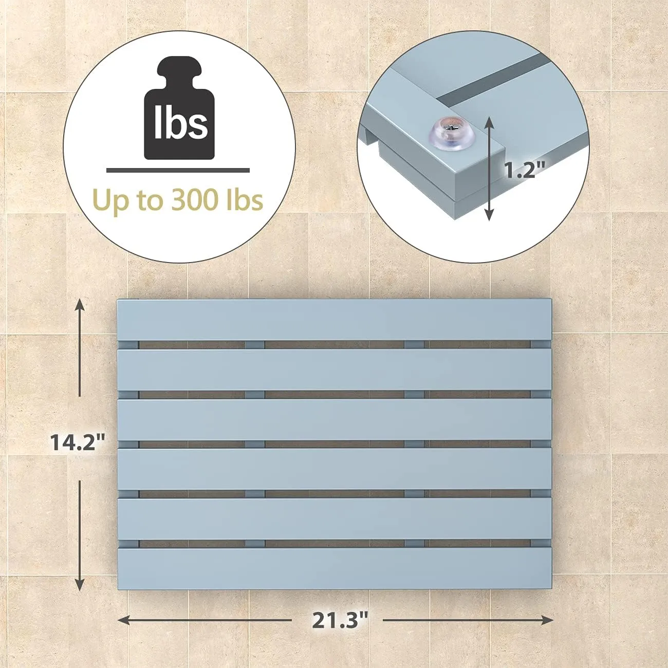 Bamboo Wooden Bath Floor Mat for Luxury Shower - Non-Slip Bathroom Waterproof Carpet for Indoor or Outdoor Use (Bluish Grey)