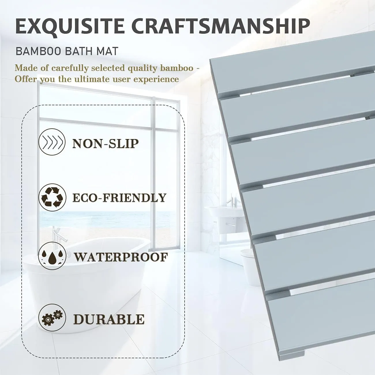Bamboo Wooden Bath Floor Mat for Luxury Shower - Non-Slip Bathroom Waterproof Carpet for Indoor or Outdoor Use (Bluish Grey)