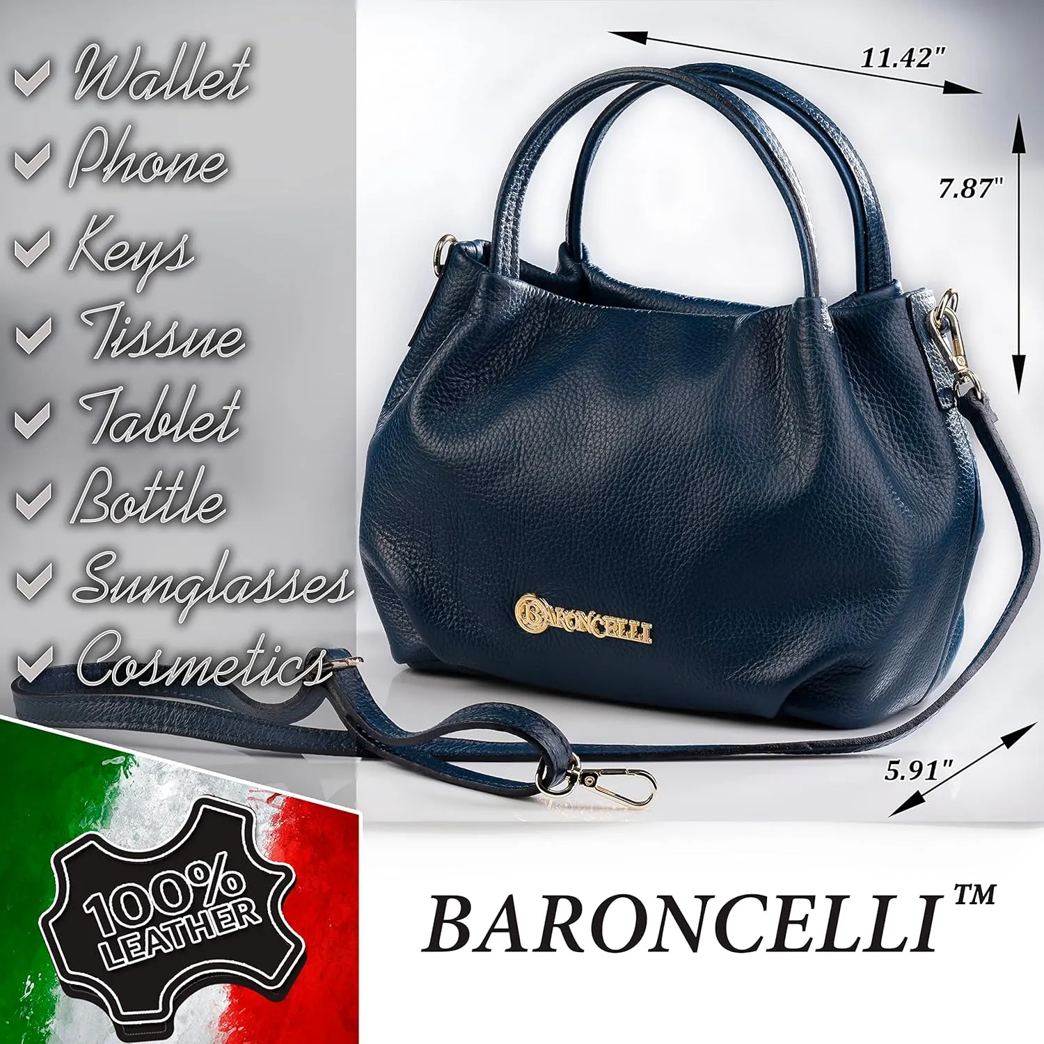 Baroncelli Italian Leather Purse for Women Genuine Soft Leather Medium Size Shoulder Crossbody Bag Made in Italy