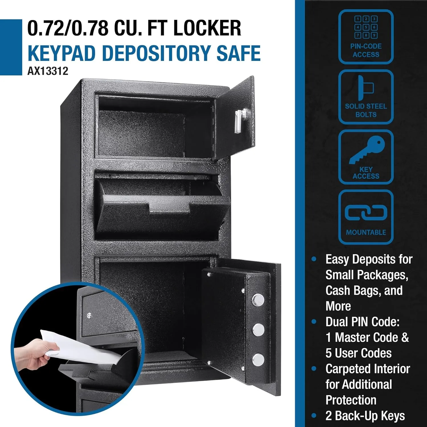Barska Advanced Digital Keypad Compact Depository Drop Safe with Master Code   5 Codes & Dual User Mode, Black, 0.72/0.78 Cubic Ft