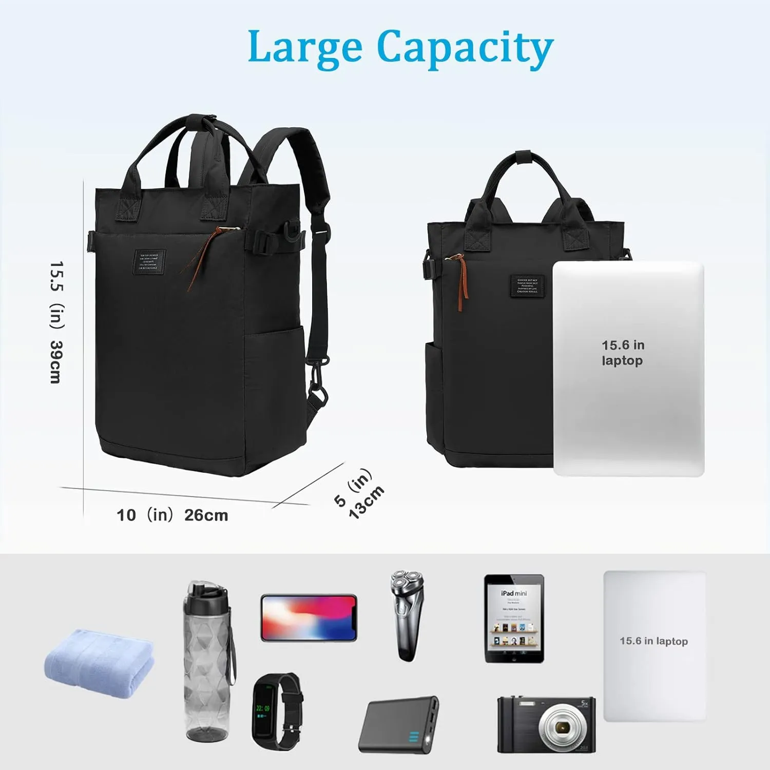 BASICPOWER Backpack Purse for Women Tote Bag Travel Laptop Bookbag Work Nurse Teacher Bag 15.6-in Computer Black