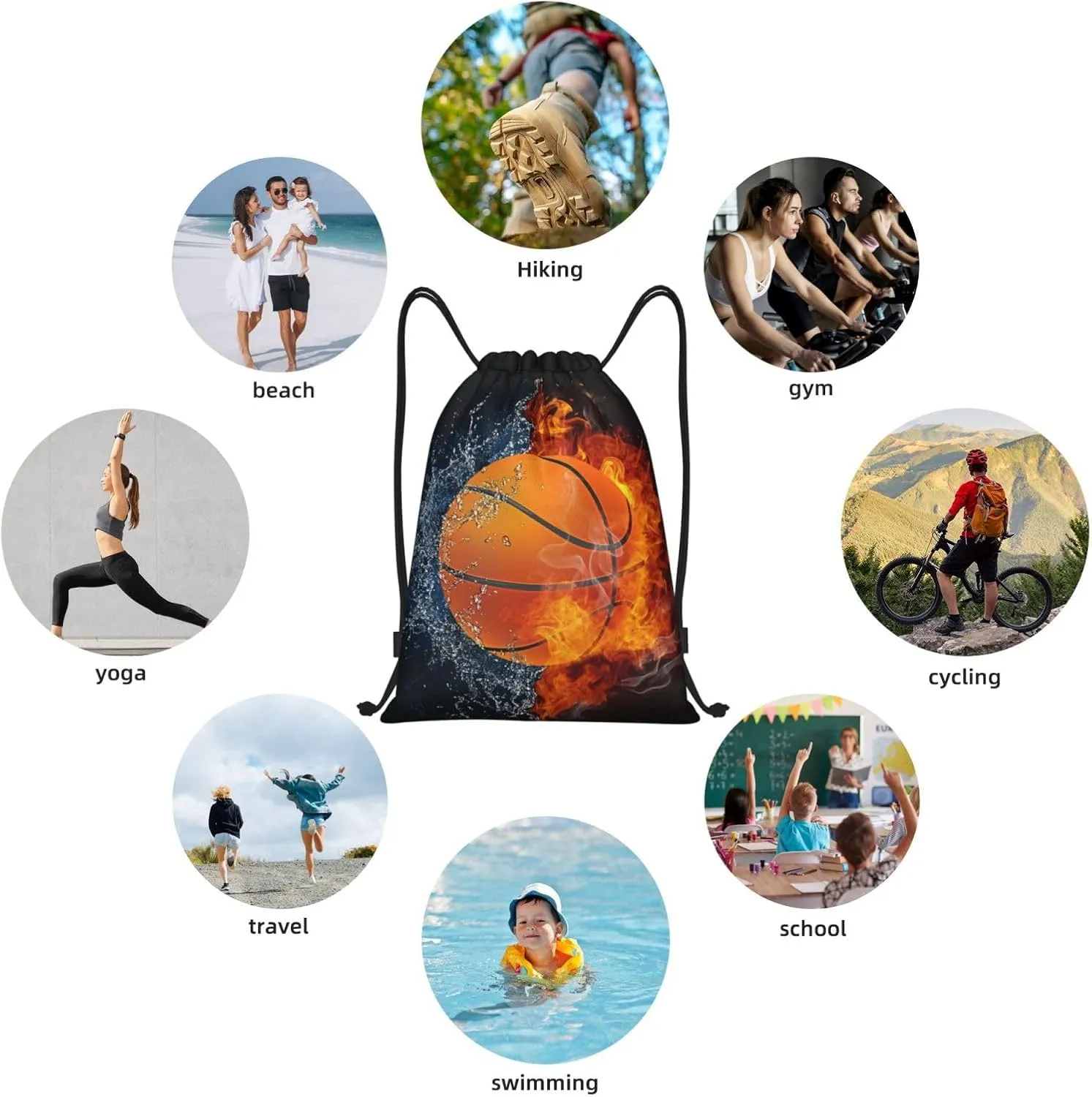 Basketball Drawstring Bags for Kids Boys Girls, Sports-Themed Drawstring Backpack Casual Knapsack for Adults Women Men, Black Draw String Rucksack Bags for Gym Travel Swimming Beach Camping, Medium