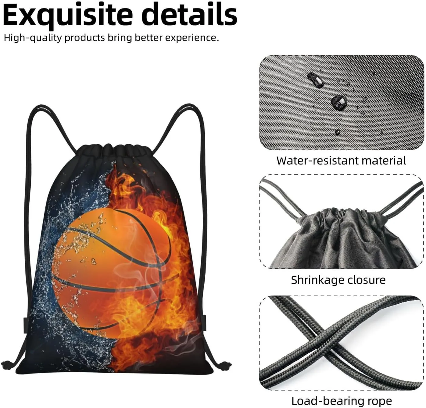 Basketball Drawstring Bags for Kids Boys Girls, Sports-Themed Drawstring Backpack Casual Knapsack for Adults Women Men, Black Draw String Rucksack Bags for Gym Travel Swimming Beach Camping, Medium