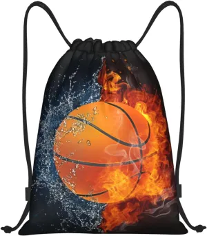Basketball Drawstring Bags for Kids Boys Girls, Sports-Themed Drawstring Backpack Casual Knapsack for Adults Women Men, Black Draw String Rucksack Bags for Gym Travel Swimming Beach Camping, Medium
