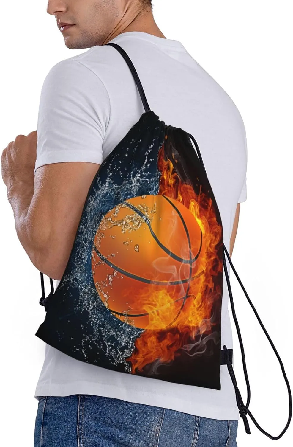 Basketball Drawstring Bags for Kids Boys Girls, Sports-Themed Drawstring Backpack Casual Knapsack for Adults Women Men, Black Draw String Rucksack Bags for Gym Travel Swimming Beach Camping, Medium