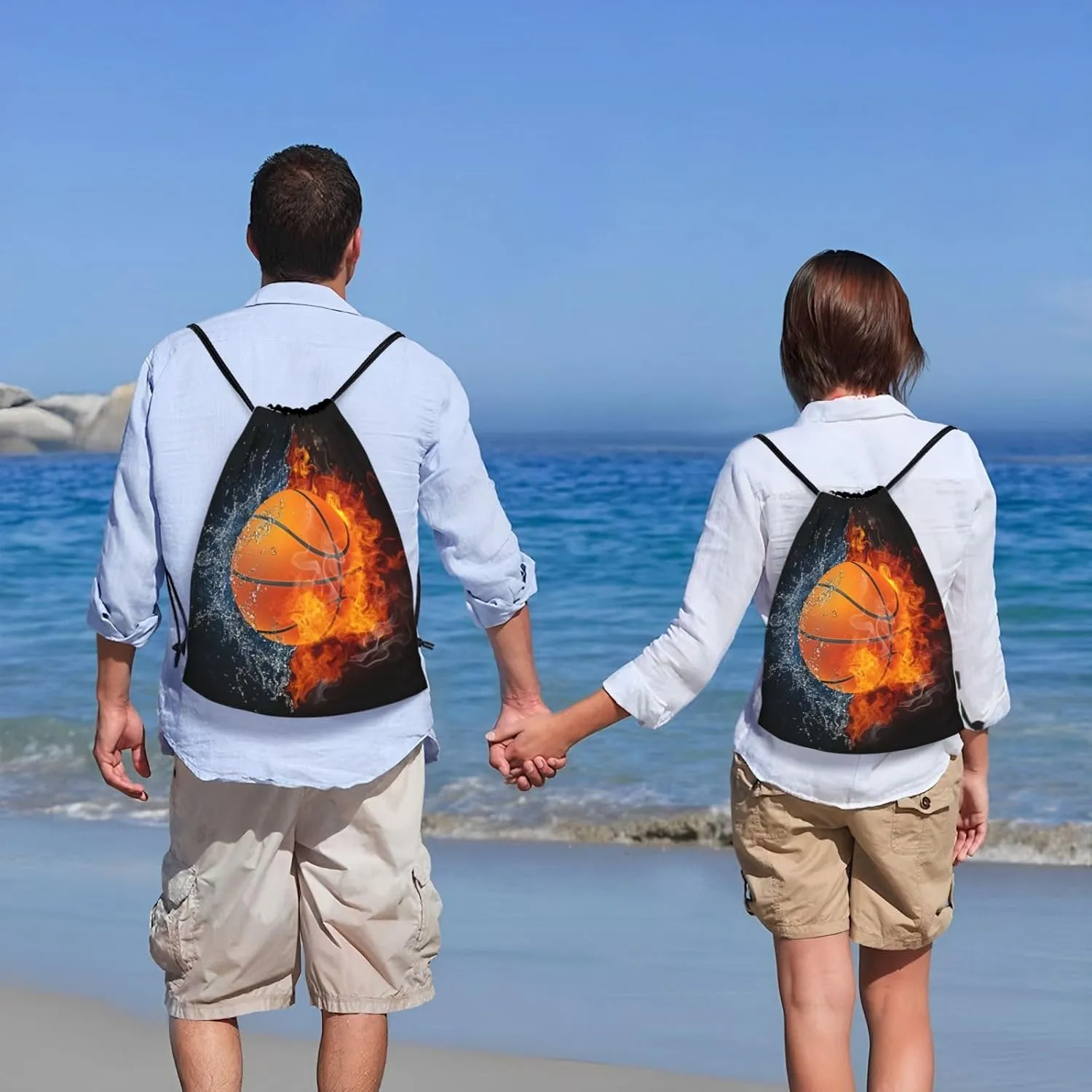 Basketball Drawstring Bags for Kids Boys Girls, Sports-Themed Drawstring Backpack Casual Knapsack for Adults Women Men, Black Draw String Rucksack Bags for Gym Travel Swimming Beach Camping, Medium