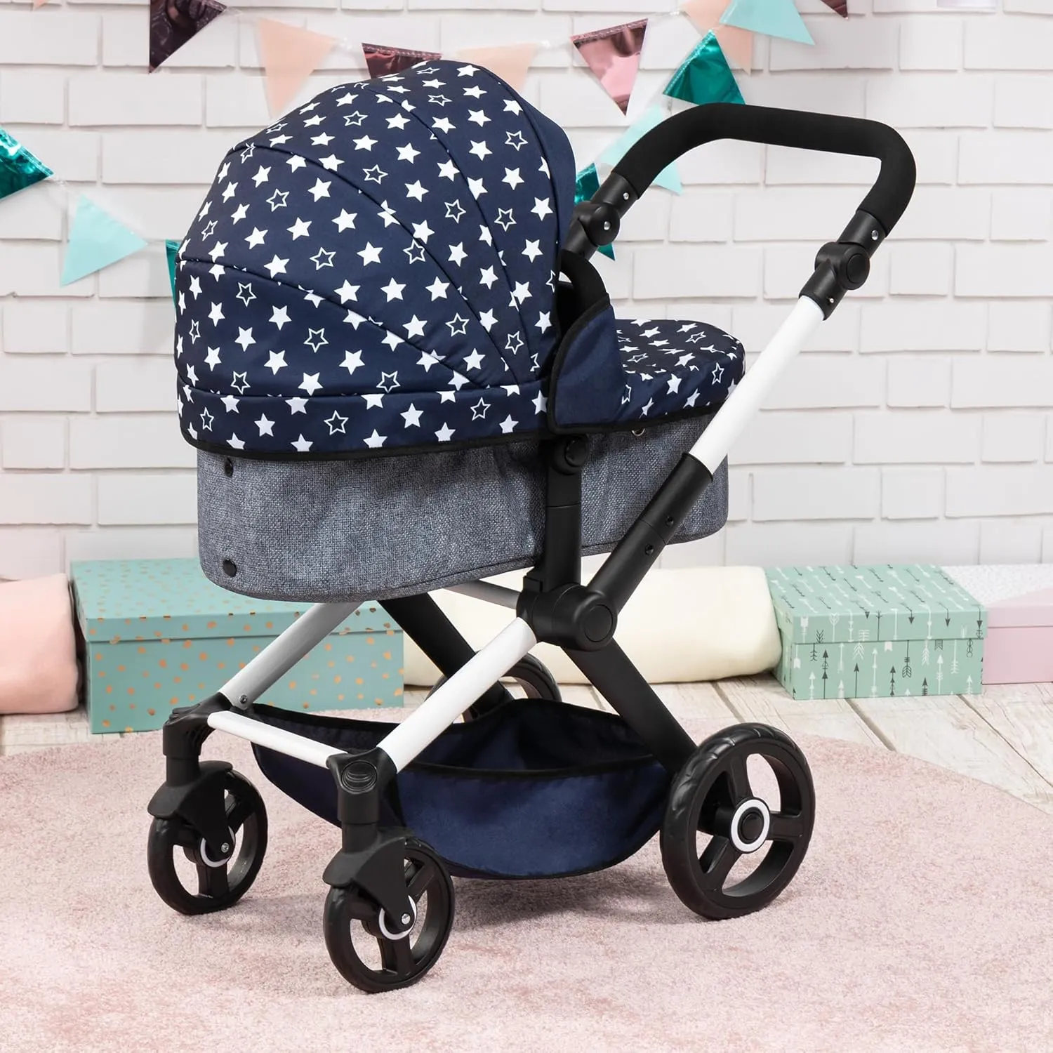 Bayer Design Dolls: Pram Xeo - Blue & White Stars - Dolls Up to 18", Shoulder Bag, Convertible to Pushchair, Adjustable Handle, Foldable, Kids Ages 3 